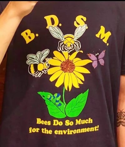 一张展示黑色T恤的图片，T恤上有创意设计。顶部有黄色字母"B.D.S.M."，中间是一朵黄色花朵，周围有两只蜜蜂、一只紫色蝴蝶和一只绿色毛毛虫。底部有黄色文字"Bees Do So Much for the environment!"。设计巧妙地将"B.D.S.M."缩写解释为"Bees Do So Much"，用谐音梗的方式传达蜜蜂对环境的重要性这一环保主题。