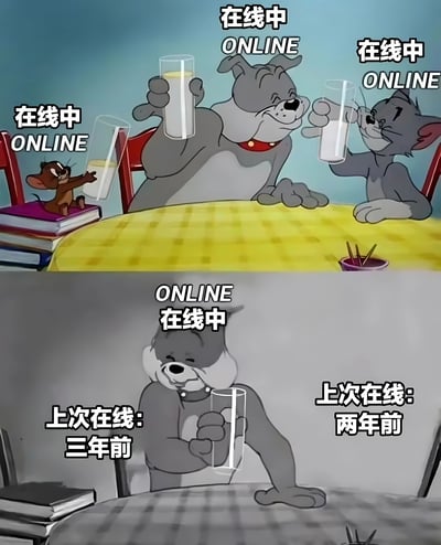 这是一张改编自动画片《猫和老鼠》的梗图，分为上下两部分。上半部分色彩明亮，杰瑞、斯派克和汤姆三只经典角色围坐在餐桌旁，开心地举着杯子敬酒，每个角色上方都有"在线中 ONLINE"的文字，表示他们都在线互动。下半部分转为灰暗色调，只有斯派克独自坐在餐桌前，举着空杯子，上方依然显示"ONLINE 在线中"，但旁边文字显示"上次在线: 三年前"和"上次在线: 两年前"，形成鲜明对比。

该梗图通过幽默方式讽刺了现代社交中"在线"状态与实际互动脱节的现象，明明显示在线却多年没有真正联系。