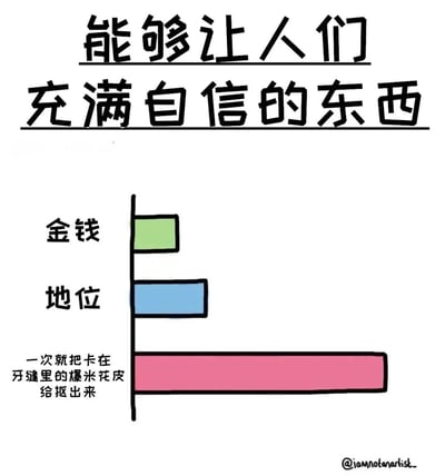 这是一张幽默风格的图文混排梗图，顶部标题为“能够让人们充满自信的东西”。下方是一个简易条形图，横向比较了三种“自信来源”：绿色条形代表“金钱”，蓝色条形代表“地位”，两者高度较短；而粉色条形代表“一次就把卡在牙缝里的爆米花皮给抠出来”，其长度远超前两者，通过夸张的视觉对比，幽默地表达了日常生活中的小成功比金钱、地位更能带来即时自信的观点。