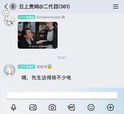 这是一张QQ群聊记录截图，群名称为“云上贵鸠@二代目(361)”，群内共有361名成员。首先是LV13级管理员Schlafenlieber鸠发布了一张经过配文改编的欧美影视截图表情包，图中男顾客伸手对着男侍者的胸口位置比划，配文“来个这么大个的老板娘就行”，用手势暗指想要胸围达到该尺寸的老板娘，属于低俗调侃类玩梗。随后另一位LV13级管理员简繁浠回复“哦，先生这得挨不少电”，玩谐音双关梗，一方面“电”谐音“垫”，暗指这么大的胸围需要大量胸垫才能实现，另一方面也调侃发言者的低俗言论会受到相应处罚。