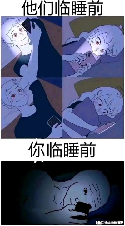 这是一张上下对比式的搞笑梗图，上半部分标注“他们临睡前”，分为两组画面：第一组是一男一女各自开心地躺着玩手机，第二组是两人放下手机，带着满足的表情准备入睡，呈现出温馨的睡前状态；下半部分标注“你临睡前”，画面是在黑暗环境中，一个神态疲惫、表情落寞的人独自躺着玩手机，与上半部分的温馨形成强烈反差，以此调侃当代单身或独自熬夜的年轻人的睡前日常，充满自嘲意味。