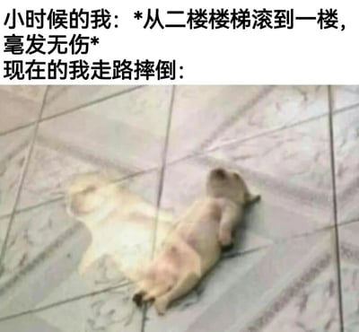 图片上半部分为黑色文字，内容是“小时候的我: *从二楼楼梯滚到一楼，毫发无伤* 现在的我走路摔倒:”，下半部分是一只浅色小狗四脚朝天躺在瓷砖地板上的照片，小狗身体蜷缩，表情看起来有些虚弱或无力。整体通过文字与图片的结合，幽默地对比了童年时期身体的“抗造”与长大后身体的“脆弱”，小时候从楼梯滚落都没事，现在仅仅走路摔倒就像小狗一样“不堪一击”。