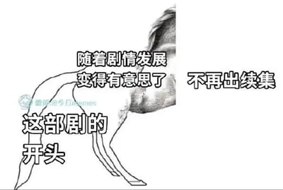这是一张利用视觉错位效果制作的网络梗图，通过被截断的马的不同身体部位，对应吐槽影视剧中常见的遗憾情况：左下角的马腿部分配文“这部剧的开头”，代表剧集开篇平淡，缺乏吸引力；中间的马身部分配文“随着剧情发展变得有意思了”，表示剧集逐渐进入佳境，开始抓住观众注意力；而右侧空白的“断头”部分配文“不再出续集”，精准讽刺了当剧集终于变得精彩时，却被官方取消续集制作的遗憾现实，引发观众对这类被砍作品的共鸣。