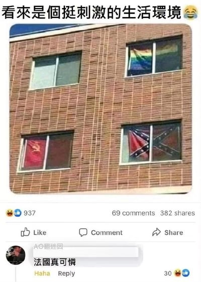 这是一张Facebook风格的社交媒体截图，主体内容是一栋红砖建筑的四个窗户，其中三个窗户分别悬挂着彩虹旗、带有镰刀锤子的旗帜、邦联旗，这几种旗帜所代表的群体立场通常存在较大分歧。图上方配文“看来是个挺刺激的生活环境”并附带笑哭表情，用这种强烈的反差感制造搞笑效果，调侃这栋楼里的住户立场对立，日常相处的氛围会非常“刺激”。下方评论区中，用户“AO翻迷因”留言“法国真可怜”并获得30个点赞，进一步增添了调侃的趣味。