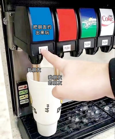 这是一张充满共鸣的搞笑梗图，以餐厅常见的自助饮料机为场景：手指按下标注“把朋友约出来玩”的饮料按键，下方的大容量纸杯中，分别标注“我朋友”和“我朋友的朋友”，用接饮料的画面生动调侃了现实社交中的常见状况——当自己约朋友出来玩时，朋友总会额外带上自己的其他朋友，让原本计划的小聚会混入了陌生人，精准戳中了这种尴尬又无奈的社交体验，引发网友的共鸣。