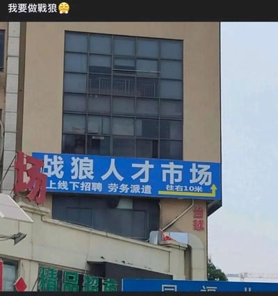 这是一张实拍的户外街景图，画面核心是建筑外墙上的蓝色招牌，醒目地写着“战狼人才市场”，下方标注了业务范围“上线下招聘 劳务派遣”，还有黄色箭头和文字“往右10米”指示具体位置。招牌左侧露出红色的“场”字，下方建筑墙面上还有“台球”“精品超市”的字样。图片顶部带有用户评论“我要做戰狼”并搭配捂脸表情，该人才市场借用热门军事电影《战狼》的命名，形成了接地气又充满反差感的趣味效果，容易引发网友对“职场战狼”的联想与调侃。