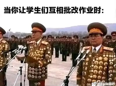 这是一张图文混排的搞笑梗图，图片上方配有文字“当你让学生们互相批改作业时:”，下方是一张展示大量挂满勋章的军人的照片。图中用勋章数量极多的军人形象，夸张地调侃学生之间互相批改作业时，往往会给同学宽松打分，就像这些军人获得众多勋章一样，以此制造幽默效果，生动表现出校园里这种有趣的作业批改场景，引发学生群体的共鸣。