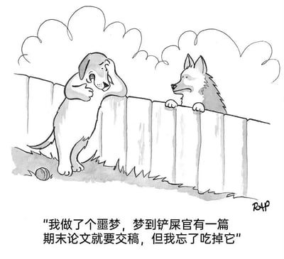 一幅黑白卡通漫画，描绘了两只狗隔着栅栏对话的场景。左边的狗用爪子扶着头，表情担忧，向右边的狗倾诉自己做了个噩梦：梦到铲屎官有一篇期末论文就要交稿，但自己忘了吃掉它。画面上方有几朵简单勾勒的云，地上有一个球，右下角有签名"RAP"。这幅漫画通过拟人化的手法和夸张的情节制造幽默效果，反映了学生面对作业截止日期的焦虑情绪，并以狗狗的视角呈现出一种荒诞又可爱的解决方案。