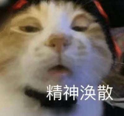 图片为一只戴着红黑相间耳机的猫的特写，猫咪眼神迷离，半睁着眼，表情呆滞，呈现出精神不振的状态。图片底部配有白色文字“精神涣散”，精准概括了猫咪的神情，整体营造出一种搞笑又略带无奈的氛围，常被用于形容人疲惫、注意力不集中的状态。