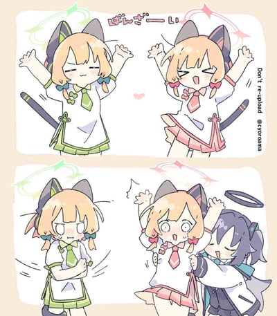 这是一幅上下分栏的二创漫画，出自手游《蔚蓝档案》的同人创作：
1. 上栏：双子角色美游（绿配色）和桃井（粉配色）带着猫耳与光环，开心地举起双手，上方日文写着「ばんざーい」（万岁），正在做庆祝的动作，氛围十分可爱。
2. 下栏：美游突然露出慌张的表情，而桃井还维持着举手的动作，身后的优香突然撞了过来，优香的光环都被撞歪，桃井露出惊讶的表情，场面瞬间变得搞笑。
整幅画是画师创作的轻松日常小剧场，没有双关或谐音梗。
