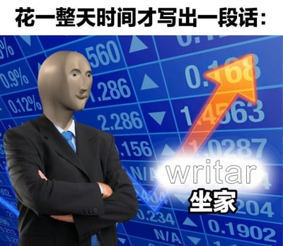 图片上方有文字‘花一整天时间才写出一段话:’，下方是一个穿着西装、双臂交叉站立的人物，头部为无特征的灰色模型头，背景是布满数字和图表的蓝色金融数据界面，右侧有一个橙色向上箭头，箭头下方有‘writar 坐家’字样。其中‘坐家’是对‘作家’的谐音改编，幽默地调侃创作者花费大量时间却产出有限的状态。