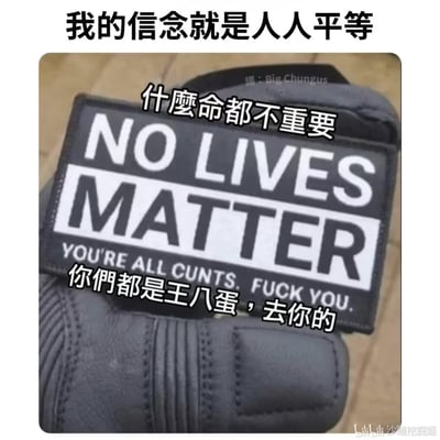 图片展示了一个黑色补丁，上面有白色文字写着"NO LIVES MATTER"和"YOU'RE ALL CUNTS. FUCK YOU."。图片上方有中文文字"我的信念就是人人平等"，补丁上叠加了中文翻译"什么命都不重要"和"你们都是王八蛋，去你的"。这是一张讽刺性图片，通过矛盾的文字制造黑色幽默效果。