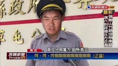 这是一张新闻采访的梗图，画面为一名警察正在接受新闻采访，背景是政府部门刻字。新闻栏的字幕内容却极其无厘头，出现了大量重复的“啊、啊、啊啊啊啊啊啊啊啊（正论）”，与正式的新闻画面形成鲜明反差，带来强烈搞笑和荒诞感。此类图片常用来表达无语、无奈、脑袋空白、不知道说什么的状态。

这个梗的核心在于正经场合下出现了无意义、情绪化的发声，讽刺与幽默并存。