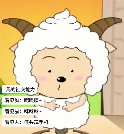 图片中是《喜羊羊与灰太狼》中的角色懒羊羊，它有着白色的卷毛、棕色的羊角，脸颊泛红，双手交叠放在胸前，表情腼腆。图中文字以幽默的方式对比了懒羊羊的社交能力：看见狗时会发出“嘬嘬嘬~”的呼唤，看见猫时会“咪咪咪~”地打招呼，但看见人时则选择“低头玩手机”。这种反差生动展现了部分人在动物面前热情、在人面前社交退缩的状态，引发共鸣。