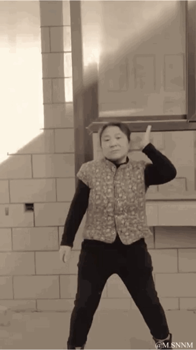 这是一段动态GIF，画面中一位身着碎花马甲、黑色长袖内搭与黑色长裤的中年女性，在室外砖墙前做出魔性夸张的舞蹈动作，动作滑稽搞笑，充满欢乐氛围，图中没有双关、谐音梗或暗示内容。