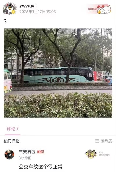 社交媒体用户发布的一张城市街景照片，画面中央是一辆浅绿色公交车，车身绘有黑色图腾式花纹，周围有树木和建筑物。发帖人在图片上方添加了一个问号，似乎对公交车的特殊图案感到疑惑。下方评论区中，有网友表示“公交车纹这个很正常”，暗示这种装饰可能并不罕见。