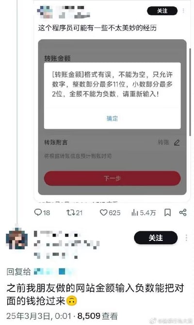 这是一张微博平台的截图，内容分为上下两部分：上方是用户分享的转账系统格式错误提示弹窗，配文调侃程序员可能有过不太美妙的经历，弹窗明确提示转账金额不能为负数、有严格的格式限制；下方是一条网友回复评论，称朋友做的网站存在漏洞，输入负数金额能把对面的钱抢过来，结合转账系统的严格限制，形成搞笑的反差感，调侃早期网站开发的不严谨，引发网友趣味讨论。