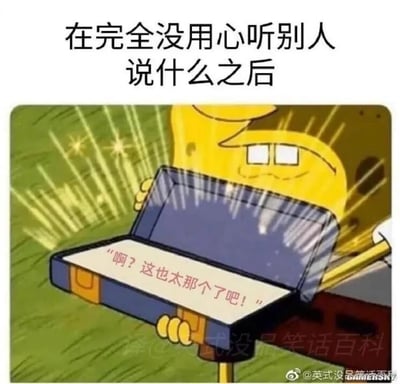 这是一张基于动画《海绵宝宝》截图创作的梗图。图片上方配有文字“在完全没用心听别人说什么之后”，下方是动画角色海绵宝宝双手打开一个带有光效的箱子，箱子内部显示的文字为“啊？这也太那个了吧！”。该梗图精准还原了人们在没有认真聆听他人讲话时，为了掩饰自己没听进去内容，只能用这种模糊、没有具体指向的敷衍话术来回应的场景，生动戳中了日常社交、职场沟通里常见的敷衍时刻，很容易引发观者共鸣。