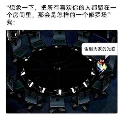 这是一张充满自嘲意味的搞笑梗图，上方配文提出一个假设场景：将所有喜欢自己的人聚集在一个房间里，本应是“修罗场”的热闹场景，下方画面却呈现出一个空荡荡的大圆桌，只有一个卡通形象独自坐在桌旁，配文“谢谢大家的光临”，通过强烈的反差感，幽默地调侃自己几乎无人喜欢的现状，用夸张的场景表达了孤独、无人在意的情绪，笑点中带着一丝心酸，精准戳中当代人偶尔的自我怀疑与孤独感。