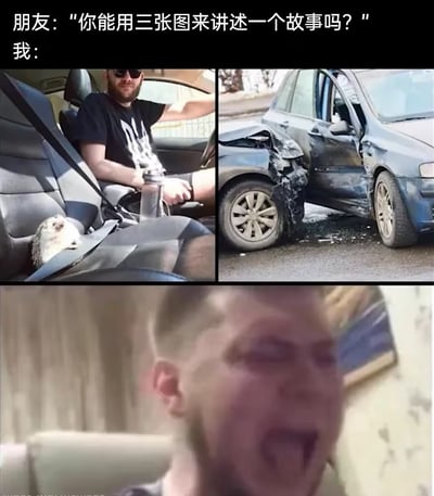 图片上方文字显示朋友问“你能用三张图来讲述一个故事吗？”，下方“我：”后接三张图组成的故事。第一张图中，一名男子戴着墨镜坐在汽车驾驶座，手持水杯，副驾座位上有一只刺猬，整体氛围轻松；第二张图是一辆严重受损的汽车，车门变形打开，车身有明显碰撞痕迹；第三张图为男子面部特写，表情惊恐，嘴巴大张像是在尖叫。三张图连贯起来形成“轻松驾车带刺猬→发生车祸→惊恐尖叫”的幽默故事线，通过强烈的场景反差制造笑点。