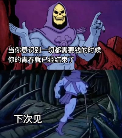 这张图片采用了经典动画《希曼与宇宙的霸主》中的反派角色 Skeletor，分为上下两格：上格为角色摆出讲道理姿态配上台词“当你意识到一切都需要钱的时候，你的青春就已经结束了”，下格为角色潇洒离场并配字“下次见”。整图表达了一种成年后对经济压力的无奈和成长后的自嘲，运用幽默梗化了现实生活的苦涩。包含对“钱”与“青春”之间的隐喻、讽刺意味。最后的“下次见”是网络梗中常见的潇洒收尾，强化了自嘲氛围。
