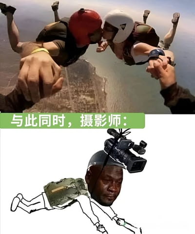 图片分为上下两部分。上半部分是真实跳伞场景：两名戴着头盔（红色和白色）的跳伞者在空中面对面，身体呈倒立姿态，双手似乎在互相靠近，背景可见模糊的高楼轮廓，营造出浪漫对视的氛围。下半部分为创意改编内容：绿色横幅文字“与此同时，摄影师：”下方，是一个简笔画风格的跳伞小人，头部被替换成带有无奈表情的真人面孔（网络流行的“黑人问号脸”表情包），头顶还固定着一台摄像机，四肢张开呈现跳伞姿态，与上半部分的浪漫场景形成幽默反差，调侃摄影师在拍摄浪漫画面时自身的狼狈处境。