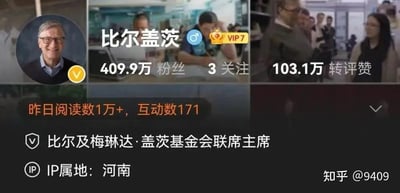 这是一张经过修改的社交媒体个人主页截图，页面主体是比尔·盖茨的账号信息：账号头像为比尔·盖茨微笑的照片，账号名标注为“比尔盖茨”，带有VIP7标识，显示拥有409.9万粉丝、3个关注，累计转评赞103.1万，昨日阅读数1万+、互动数171，身份认证为“比尔及梅琳达·盖茨基金会联席主席”。最具反差感的是账号的IP属地被修改为“河南”，与比尔·盖茨的实际活动区域不符，形成了搞笑的反差效果。图片右下角带有“知乎 @9409”的水印。