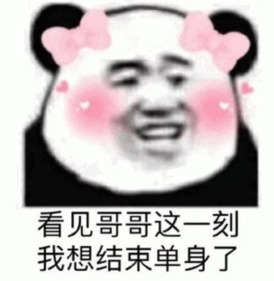 这是一张基于熊猫头表情包模板的衍生梗图。图中熊猫头戴着粉色蝴蝶结，脸颊泛着红晕，露出开心的笑容。下方配有文字'看见哥哥这一刻 我想结束单身了'，整体表达了看到心仪对象时想要结束单身的喜悦心情。