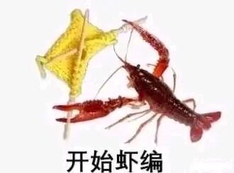这是一张经过P图改编的网络搞笑梗图，画面主体是一只红色的小龙虾，它用钳子握住一个黄色的简易编织架，做出正在编织的动作，图片底部配有黑色文字“开始虾编”。该图利用“虾”与“瞎”的谐音，将“瞎编”转化为“虾编”，打造出趣味谐音梗，用来调侃胡编乱造、编造不实内容的行为，整体风格诙谐幽默，适合作为表情包在日常社交中用于吐槽、调侃相关场景。