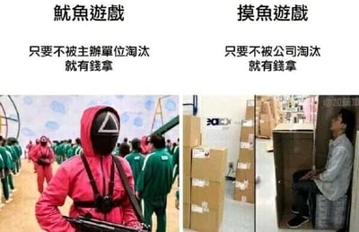 这是一张左右对比的图文混排梗图，左侧是韩剧《鱿鱼游戏》的经典剧照，画面里身着粉色制服、佩戴三角面具的工作人员手持枪械，周围是一群穿绿色制服的参赛者，上方配文“鱿鱼游戏 只要不被主办单位淘汰就有钱拿”；右侧是真实的职场场景，一名男子躲在仓库的纸箱堆空隙里，仰头放松休息，上方配文“摸鱼游戏 只要不被公司淘汰就有钱拿”。图片通过将职场摸鱼的状态与《鱿鱼游戏》的淘汰机制做类比，用幽默的方式调侃职场人需要小心翼翼摸鱼、避免被公司淘汰才能获得薪资的现状。
