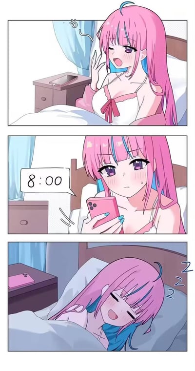 这是一组三格连环二次元漫画，描绘了粉发蓝挑染少女的真实日常：
1. 第一格：少女刚从睡梦中醒来，坐在床上，一脸迷糊地打哈欠，还未完全清醒；
2. 第二格：她拿起粉色手机查看时间，屏幕显示8:00，脸上露出惊讶又无奈的神情，还冒出冷汗；
3. 第三格：发现时间还早的她立刻躺回床上，盖上被子呼呼大睡，完美还原了很多人看到时间尚早时，选择睡回笼觉的日常场景。漫画无谐音或双关梗，是贴近生活的真实刻画。