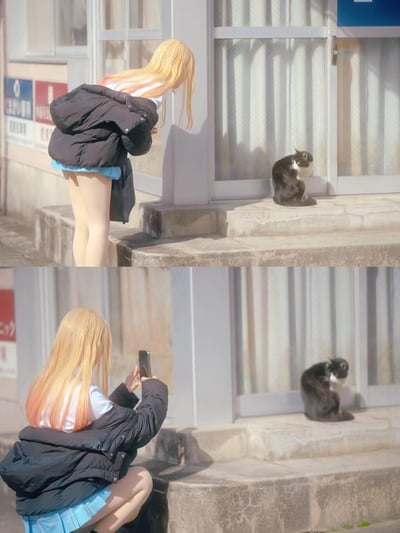 这是一组上下拼接的对比图，上图中一位有着渐变金发的coser（身着黑色羽绒服搭配蓝白校服裙）弯腰凑近日式建筑门口的台阶，注视着一只蹲坐的黑白猫咪；下图里该coser蹲下身，举着手机对着猫咪进行拍摄，猫咪依旧安静蹲在原地，整体画面充满二次元风格的治愈感，还原了动画里的温馨日常场景。图中无谐音梗、双关或暗示内容。