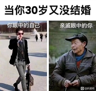 这是一张左右分栏的对比类搞笑梗图，顶部配有大标题“当你30岁又没结婚”。左侧区域标注“你眼中的自己”，图中是一位穿着时尚精致的男士，戴着墨镜，一手拎着包袋一手打电话，走路姿态潇洒自信，呈现出都市精英般体面干练的生活状态；右侧区域标注“亲戚眼中的你”，图中是一位面容沧桑的老年男性，穿着朴素陈旧的外套，神态落寞地坐着，形象落魄。这张图通过强烈的视觉反差，夸张地调侃了在婚恋问题上，大龄未婚青年的自我认知和亲戚视角之间的巨大差异，讽刺了部分亲戚对未婚大龄青年的刻板偏见，引发同类人群的共鸣。