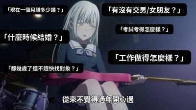 图片中是一位动漫风格的少女，她有着银白色长发和黄色瞳孔，身穿深色校服，手持一把粉色吉他，表情冷漠中带着一丝烦躁。她的周围环绕着多个黑色文字气泡，内容是过年期间常见的亲戚追问：“现在一个月赚多少钱？”“有没有交男/女朋友？”“考试考得怎么样？”“什么时候结婚？”“工作做得怎么样？”“都几岁了还不赶快找对象？”。图片底部有一行白色文字：“從來不覺得過年開心過”（从来没觉得过年开心过），精准表达了许多人在春节期间被过度关心和追问时的无奈心情。