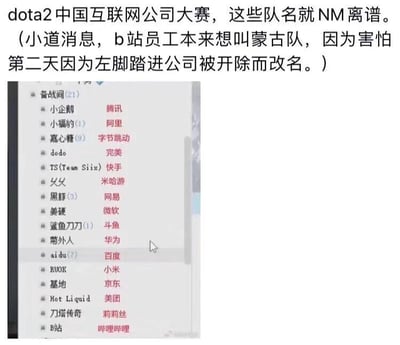 这是一张结合配文与聊天记录截图的内容，主题围绕DOTA2中国互联网公司大赛的趣味队名展开。上方配文调侃本次赛事的队名都十分离谱，还以玩笑口吻提到B站员工原本想取“蒙古队”作为队名，因担心被公司开除而改名。下方的聊天记录截图展示了备战间里的参赛队名，这些队名大多结合了对应互联网公司的品牌特色、谐音梗或相关网络热梗：比如腾讯对应“小企鹅”（关联腾讯品牌形象），阿里对应“小福豹”（谐音“淘宝”），字节跳动对应“嘉心糖”（关联旗下虚拟主播嘉然的粉丝名），华为对应“菊外人”（谐音“局外人”，同时关联华为品牌的菊花标志），百度对应“aidu”（故意缺失字母B玩梗），小米对应“RUOK”（关联雷军的经典英文梗“Are you OK”），京东对应“基地”（谐音“京东”），美团对应“Hot Liquid”（谐音“外卖”）等，充满了互联网从业者的玩梗趣味，同时配文也用夸张的说法调侃了职场氛围。