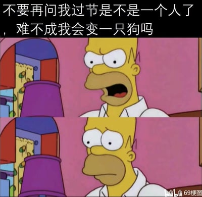 这是一张用《辛普森一家》角色霍默·辛普森的截图制作的反差梗图：
1. 上方画面里霍默张嘴，配文“不要再问我过节是不是一个人了，难不成我会变一只狗吗”，呈现出嘴硬反驳他人追问的状态；
2. 下方画面中霍默表情瞬间垮掉，露出无奈又心虚的神态，像是被戳中痛点后的破防。
通过角色的表情反差，调侃单身人士过节时被追问感情状态的尴尬与嘴硬后的无奈，十分搞笑。