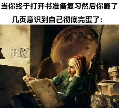 这张梗图上方配有文字“当你终于打开书准备复习然后你翻了几页意识到自己彻底完蛋了：”，下方是一幅古典油画，画中一位穿着绿色衣服的男子坐在破旧的椅子上，手捧一本厚重的书，表情惊恐地用手扶住额头，生动形象地表现了学生在复习时发现自己对所学内容一无所知的崩溃瞬间。通过将古典艺术与现代学生生活中的常见困境相结合，产生了幽默的反差效果。