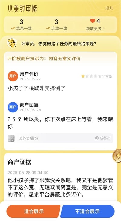 这是一张外卖平台小美封审榜的内容评审界面截图，界面顶部显示评审员已有3次结果一致、3次连续一致的评审记录，累计获得4个爱心。本次评审任务为商户投诉用户评价为无意义评价：2026年5月27日用户给成都某馄饨外卖商家打了一星（非常差）的评分，评价内容为自己家小孩下楼取外卖摔倒了；商户在5月28日回复该评价时情绪激动，反问用户要不要下次点单在床上等着自己喂，同时在商户举证部分说明小孩摔倒和自身无关，指责用户无理取闹，恳求平台屏蔽这条无意义评价。界面底部设置了“适合展示”和“不适合展示”两个评审操作按钮供评审员选择。