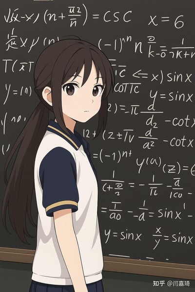这是一张AI生成的二次元风格插画，画面中一位扎着低马尾的黑发校服少女，穿着白蓝配色的短袖校服，神情平静地侧身站在写满混乱数学公式的黑板前。黑板上的公式多为无意义的组合，是AI生成的内容，整体氛围带着校园课堂的沉静感。
