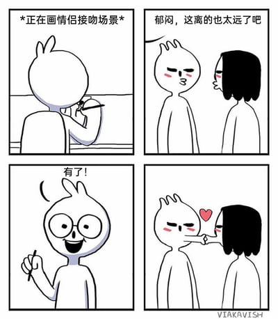 这是一组四格原创卡通幽默漫画，第一格展示卡通创作者正在绘制情侣接吻的场景；第二格呈现了他画好的画面，两个情侣角色距离过远，无法呈现接吻效果，创作者为此感到郁闷；第三格创作者突然想到了解决办法，露出兴奋惊喜的表情；第四格是修改后的成品，创作者将两个角色的手画成拉在一起的样子，中间添加了爱心，用这种脑洞大开的方式来表现情侣接吻的甜蜜氛围，通过这种反差感制造幽默效果。