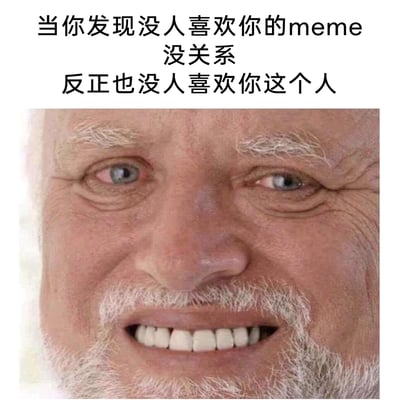 这是一张走扎心自嘲路线的顶配底文梗图，上方文案以递进式的扎心话语，先点明创作者制作的meme无人喜爱，再用“反正也没人喜欢你这个人”进一步放大失落感；下方搭配的老人面部表情僵硬、强颜欢笑，这种看似平静实则苦涩的神态，精准契合了创作者明明内心受挫却要强行装作不在意的复杂情绪，用黑色幽默的方式调侃了网络创作者得不到认可的无奈处境，容易引发同类创作者的共鸣。