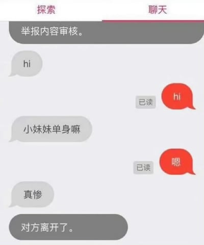 这是一张聊天界面的截图，顶部有两个标签页："探索"和"聊天"，其中"聊天"标签被选中。界面显示了一段简短的对话，开始有系统提示"举报内容审核。"。对话内容包括：用户发送"hi"，对方回复"hi"并显示"已读"；用户问"小妹妹单身嘛"，对方回复"嗯"并显示"已读"；用户发送"真惨"后，系统显示"对方离开了。"。整个对话呈现了一个简短而略带尴尬的交流场景。
