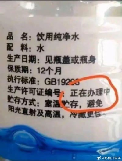图片展示了一瓶饮用纯净水的标签，标签上详细标注了产品信息，包括品名、配料、生产日期、保质期、执行标准、贮存方式等。其中“生产许可证编号”一栏填写的“正在办理中”被红色圆圈重点标注，凸显了商品在未取得生产许可证的情况下可能已上市销售的荒谬情况，带有明显的吐槽和搞笑意味。