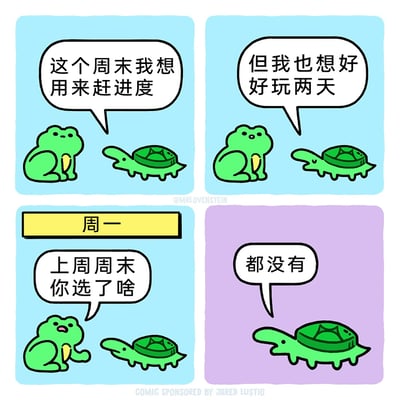 这是一幅四格连环卡通漫画，以青蛙和乌龟的对话展现了当代人常见的周末困境。第一格中，青蛙表示这个周末想用来赶进度；第二格乌龟则纠结于也想好好玩两天；第三格时间来到周一，青蛙好奇地询问乌龟上周周末最终选了什么；第四格乌龟给出扎心的回答“都没有”，精准描绘了很多人在周末陷入工作与休息的两难选择，最终既没完成工作任务，也没能好好享受休息时光的拖延与纠结状态，引发强烈共鸣。