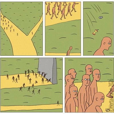 这是一组五格连环卡通漫画，描绘了不同选择带来的截然不同的结果：第一格展示一条道路在中途分成两个岔口，两侧都有数量不少的小人沿着各自的道路前行；第二格呈现其中一条岔路上的行人都是身形高大的形象，一个矮小的路人在路边注视着这支高大的队伍；第三格中，这个矮小的路人在路边发现了地面上的蘑菇和小石块；第四格是另一条岔路的场景，路上的小人们纷纷钻进一个灰色的石门之中，只有一个小人没有跟随大部队，独自留在了门外的道路上；第五格则是之前那些高大的行人，此时都变成了矮小的模样，他们聚集在一起，脸上带着愤怒、不满的神情，看起来十分懊恼。漫画通过夸张的形象变化，暗喻了盲目跟随主流选择可能会迎来糟糕的结局，而保持独立、留意身边的“小机会”或者坚持自我选择，反而能避开不好的结果。