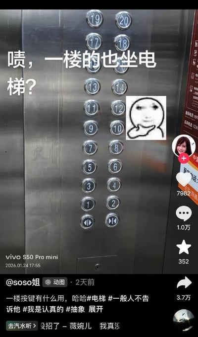图片主体为电梯按钮面板，金属质感的按键从1楼到20楼排列整齐。左上角叠加白色文字'啧，一楼的也坐电梯？'，表达对一楼乘客乘坐电梯的调侃。右侧中部嵌入一张抽象困惑表情包，强化疑惑情绪。图片底部包含社交媒体发布界面，显示用户@soso姐 于2026年1月24日17:55发布，配文'一楼按键有什么用，哈哈#电梯 #一般人不告诉他 #我是认真的 #抽象 展开'，并显示7982赞、1.0万评论、352收藏的数据。整体通过日常生活场景中的小疑问制造幽默效果，引发关于电梯使用习惯的轻松讨论。