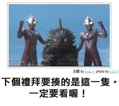 这是一张图文混排的搞笑梗图，上方是日本经典特摄剧《奥特曼》系列的剧照截图，画面中迪迦奥特曼和戴拿奥特曼站在一只怪兽的两侧，两只奥特曼都摆出握拳抬起手臂的战斗预备姿势，位于中间的怪兽表情看起来有些茫然无措。下方配有黑色大字：“下个礼拜要揍的是这一只。一定要看喔！”，模仿影视预告的语气，用奥特曼系列“奥特曼打怪兽”的经典剧情玩梗，制造出一本正经预告的搞笑反差效果，没有双关、谐音梗等内容。