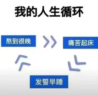 这张梗图以循环流程图的形式幽默展示了许多人常见的生活作息困境：顶部标题为“我的人生循环”，下方三个蓝色文字框通过箭头连接形成闭环，分别写着“熬到很晚”→“痛苦起床”→“发誓早睡”→“熬到很晚”，生动呈现了熬夜与早起的矛盾循环。