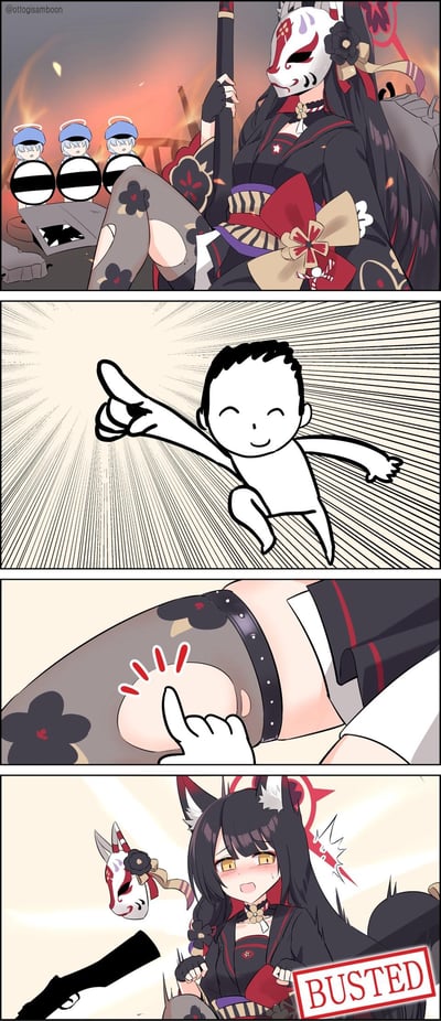 这是一幅四格同人漫画，内容围绕《蔚蓝档案》角色狐坂若藻展开：
1. 第一格：狐坂若藻戴着狐狸面具，穿着破洞丝袜坐在地上，身后的三名学生角色被打码围观；
2. 第二格：一个Q版小人兴奋地指向狐坂若藻；
3. 第三格：小人伸手戳向她丝袜的破洞处；
4. 第四格：狐坂若藻被吓得面具掉落，露出震惊脸红的表情，画面右下角标注“BUSTED”，社死感拉满。
漫画通过夸张的恶作剧场景制造搞笑效果，没有双关或谐音梗。