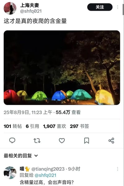 社交媒体截图展示了用户"上海夫妻"发布的夜间露营照片，画面中多顶彩色帐篷在森林中被内部灯光照亮，营造出温馨梦幻的氛围。配文"这才是真的夜爬的含金量"引发有趣互动，评论区出现谐音梗评论"含精量过高，会出声音吗?"，将"含金量"巧妙替换为"含精量"，形成幽默效果。